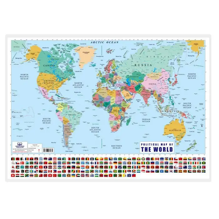 جلد کتاب پوستر وایت بردی نقشه جهان انگلیسی (70*50)،(گلاسه،باجعبه)
