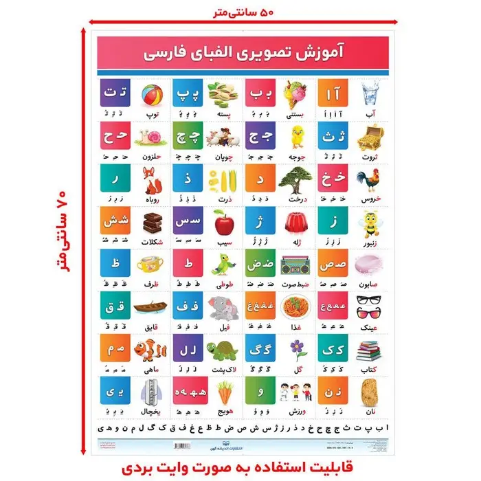 جلد کتاب پوستر وایت بردی الفبای فارسی (70*50)،(گلاسه،باجعبه)