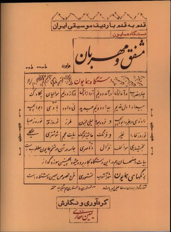 جلد کتاب مشفق و مهربان، قدم به قدم با ردیف موسیقی ایران دستگاه همایون