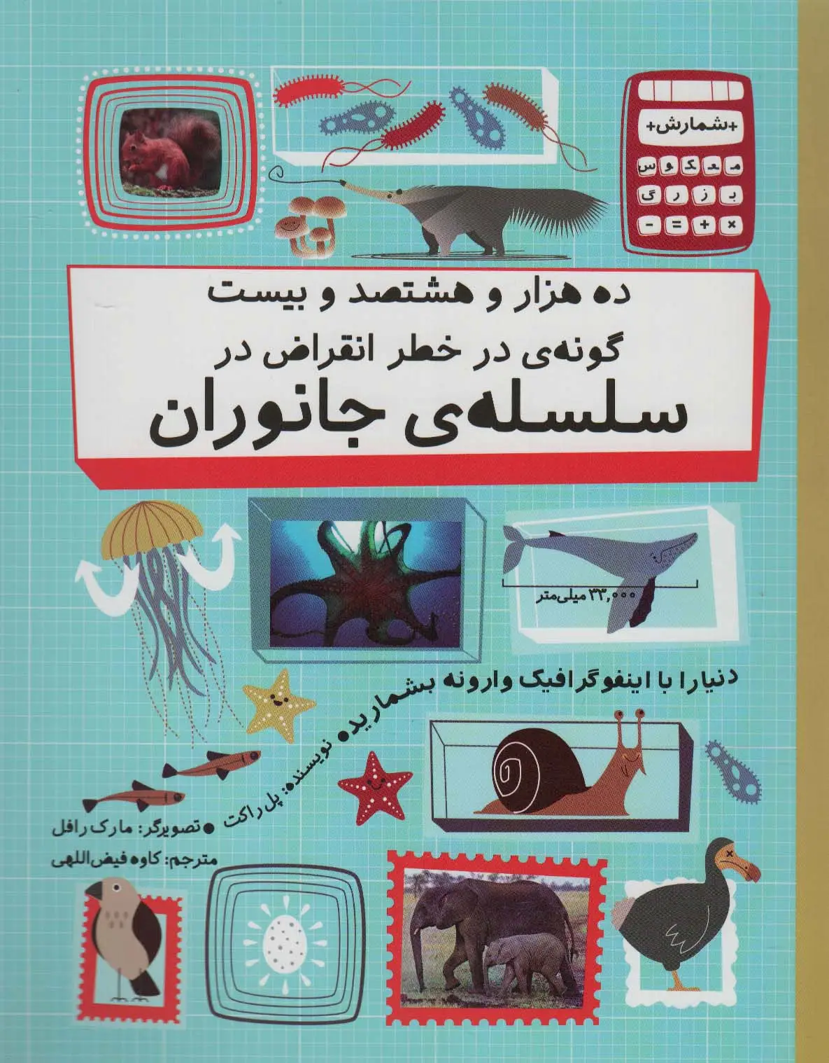 جلد کتاب دنیا را با اینفو گرافیک وارونه بشمارید (ده هزار و هشتصد و بیست گونه ی در خطر انقراض در...)،(گلاسه)
