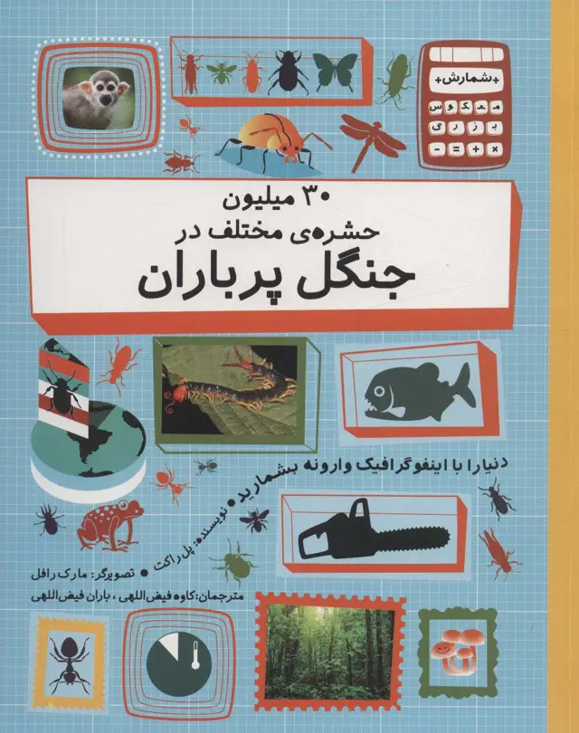 جلد کتاب 30 میلیون حشره ی مختلف در چنگل پر باران (دنیا را با اینفوگرافیک وارونه بشمارید)،(گلاسه)