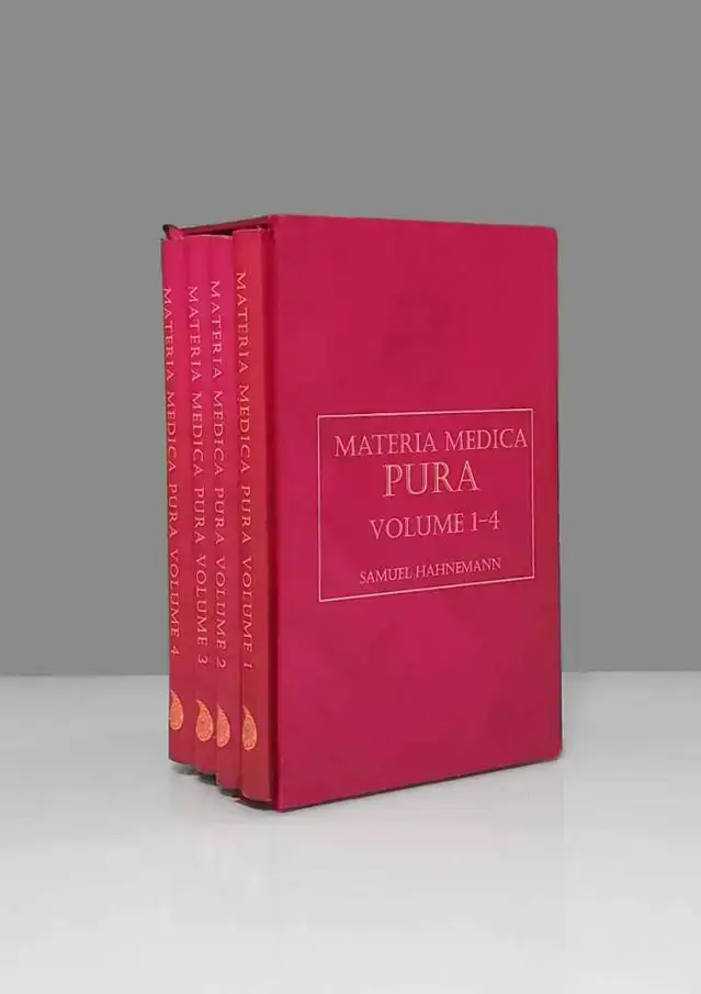 جلد کتاب متریا مدیکا پیورا (MATERIA MEDICA PURA VOLUME 1-4)،(انگلیسی)،(تک زبانه،4جلدی،باقاب)