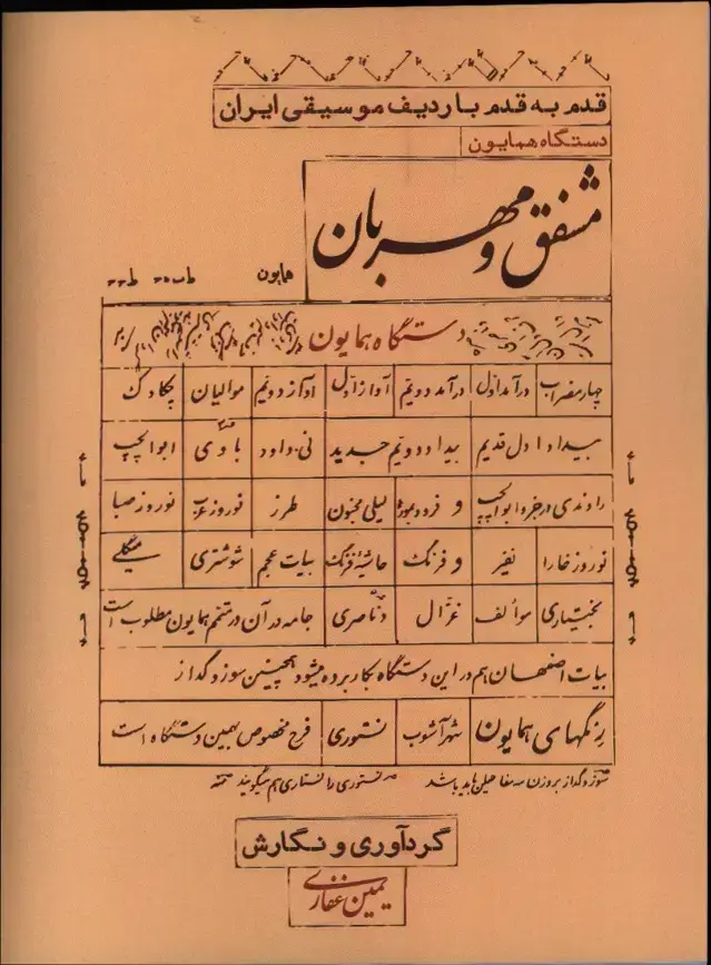 جلد کتاب مشفق و مهربان، قدم به قدم با ردیف موسیقی ایران دستگاه همایون