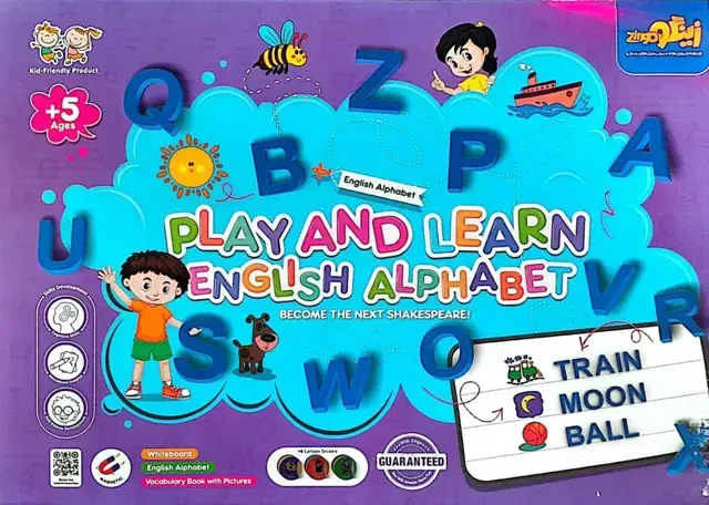 جلد کتاب مجموعه بازی کن و یاد بگیر مگنتی همراه با وایت برد (آموزش الفبای انگلیسی:ENGLISH ALPHABET)،(باجعبه)